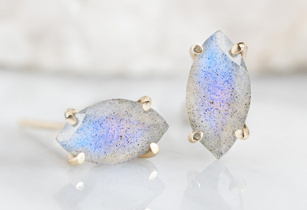 Labradorite Marquise Stud Earrings in Yellow Gold