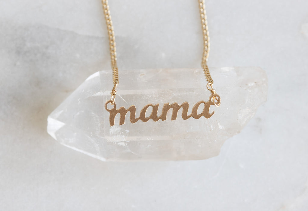 Yellow Gold Mama Necklace on White Hexagonal Crystal