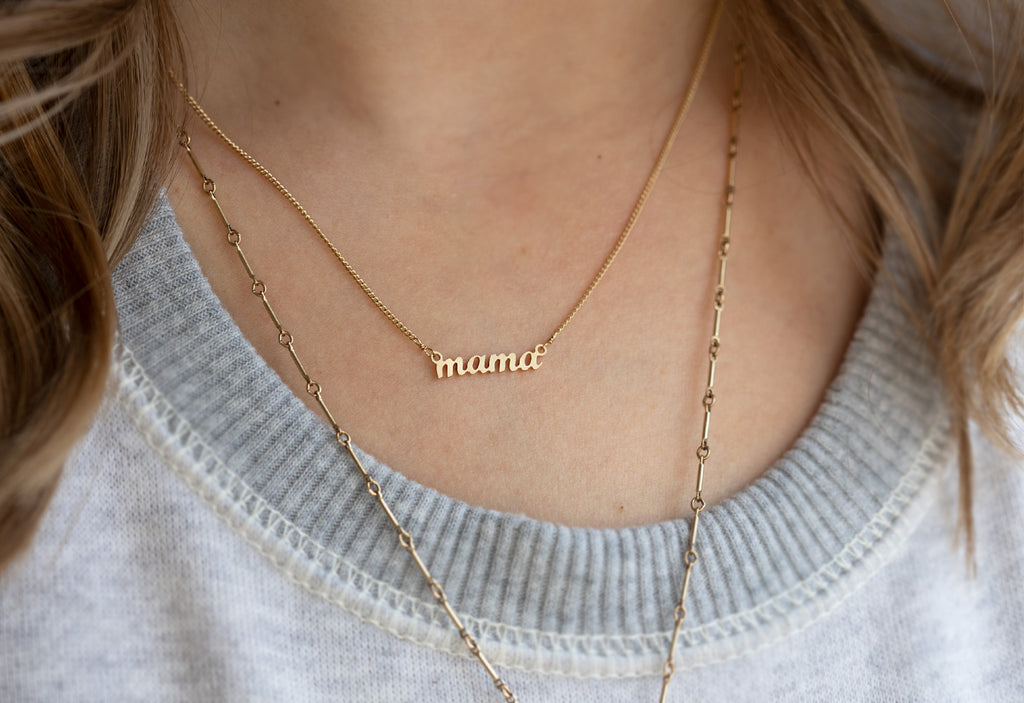 Mama and Bar Chain Lariat Necklace Layered on Model