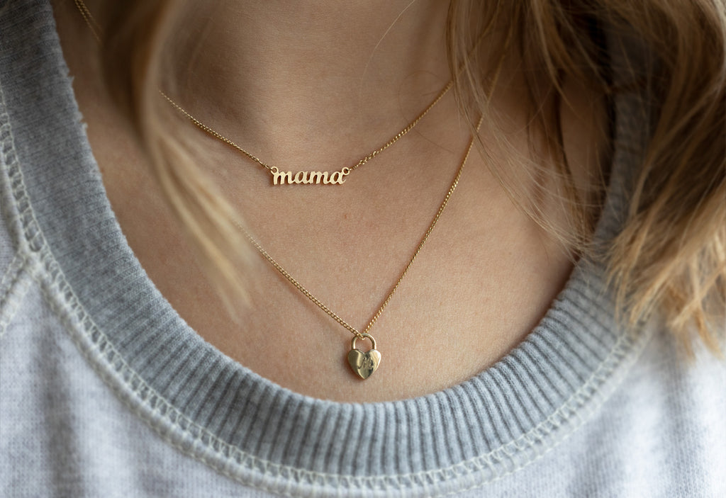 Mama Script and Heart Locket Necklace Layered on Model