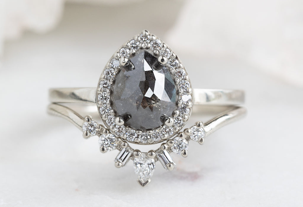 The Dahlia Ring with a Pear Cut Black Diamond