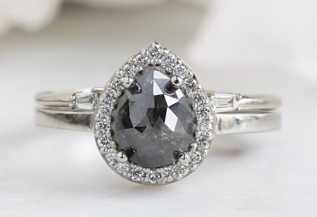 The Dahlia Ring with a Pear Cut Black Diamond