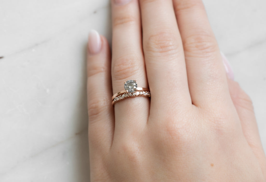 Marquise Confetti Stacking Band Stacked with Salt and Pepper Engagement Ring on Model-14k Rose Gold