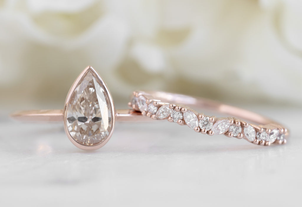 Marquise Confetti Stacking Band with Pink Diamond Engagement Ring-14k Rose Gold