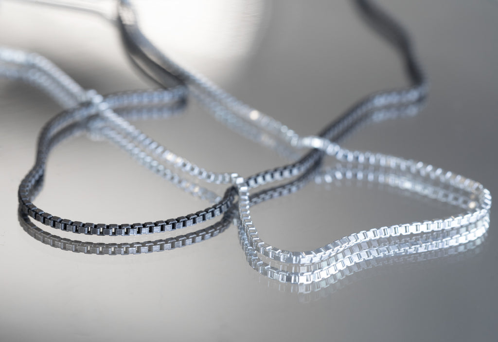 Men's Box Chain Necklace in oxidized sterling silver or sterling silver on a mirror