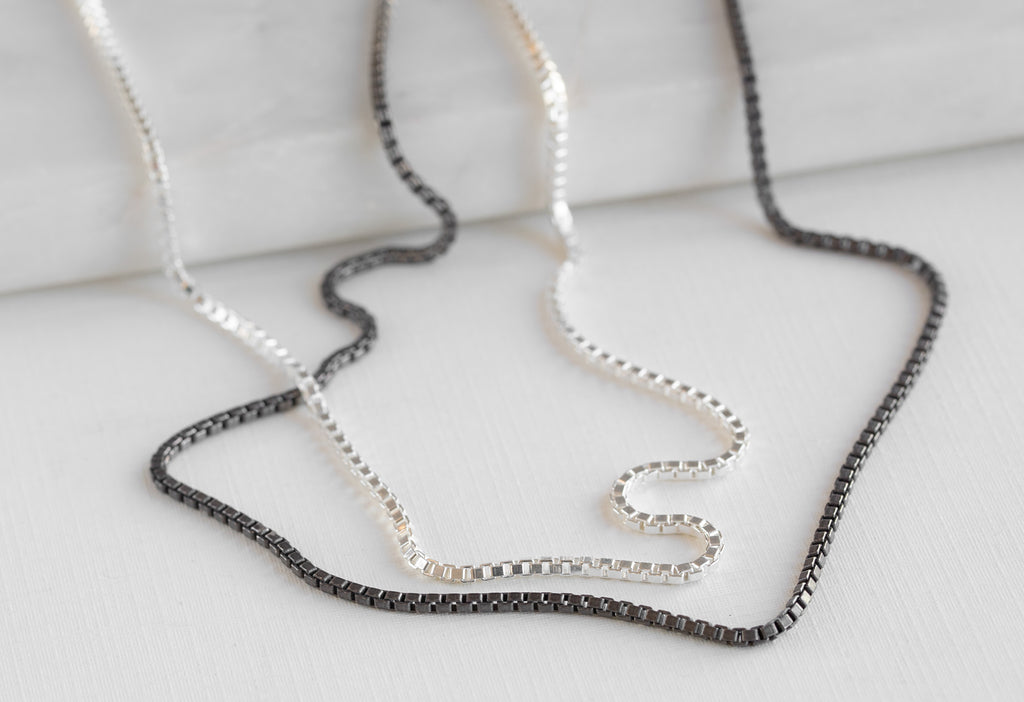 Men's Box Chain Necklace in oxidized sterling silver or sterling silver on white