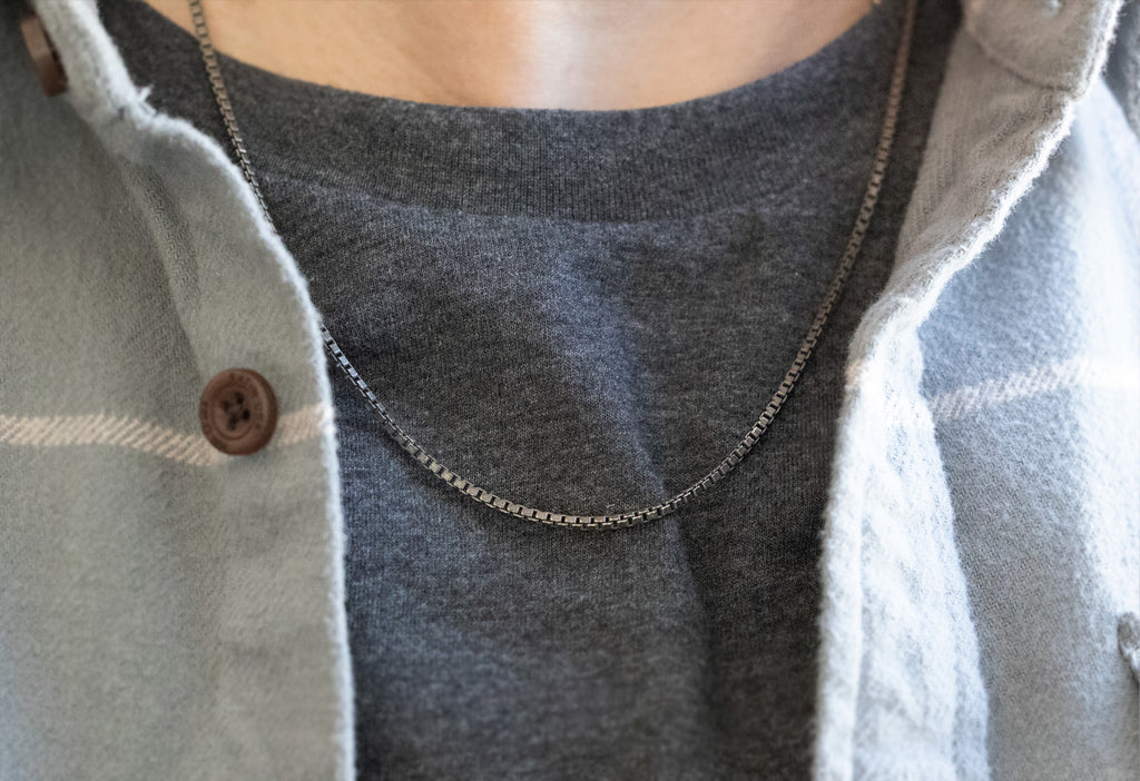 Mens Box Chain Necklace in Oxidized Sterling Silver on Model