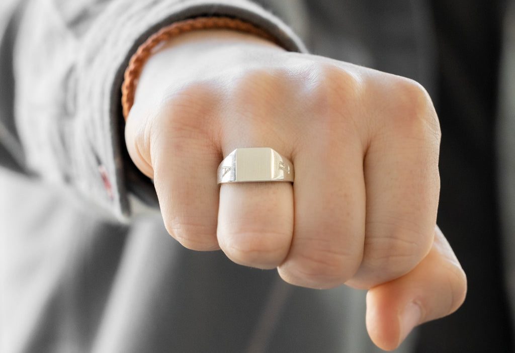 Men's Custom Signet Ring in Sterling Silver on Model
