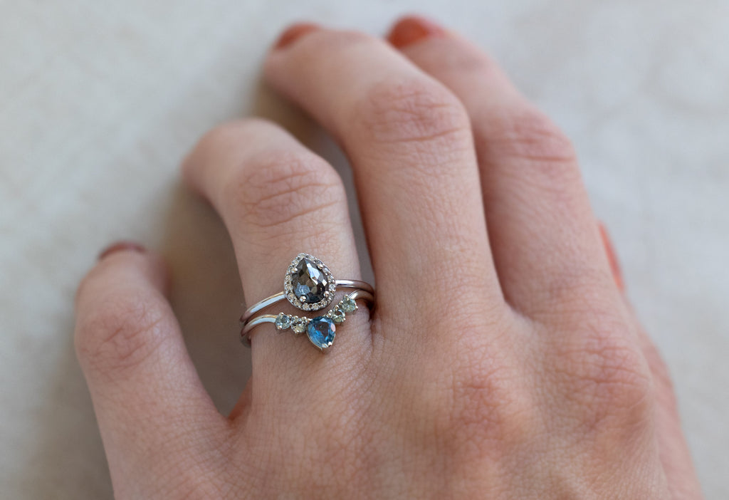 Montana Sapphire Sunburst Stacking Ring Stacked with Engagement Ring on Model