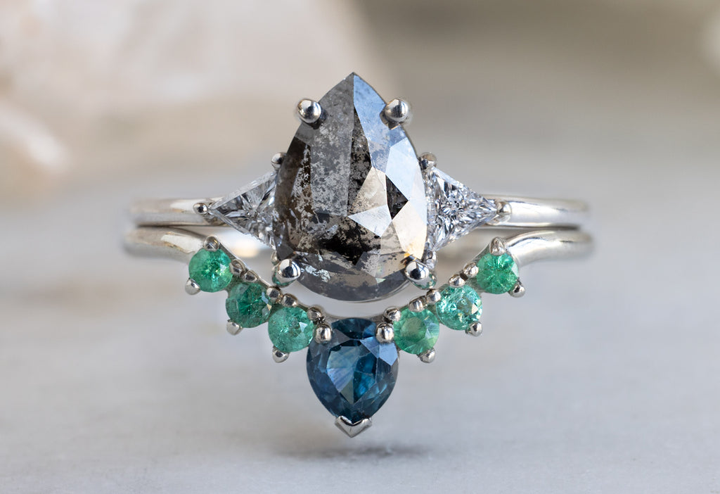Montana Sapphire + Emerald Sunburst Stacking Ring Stacked with Engagement Ring