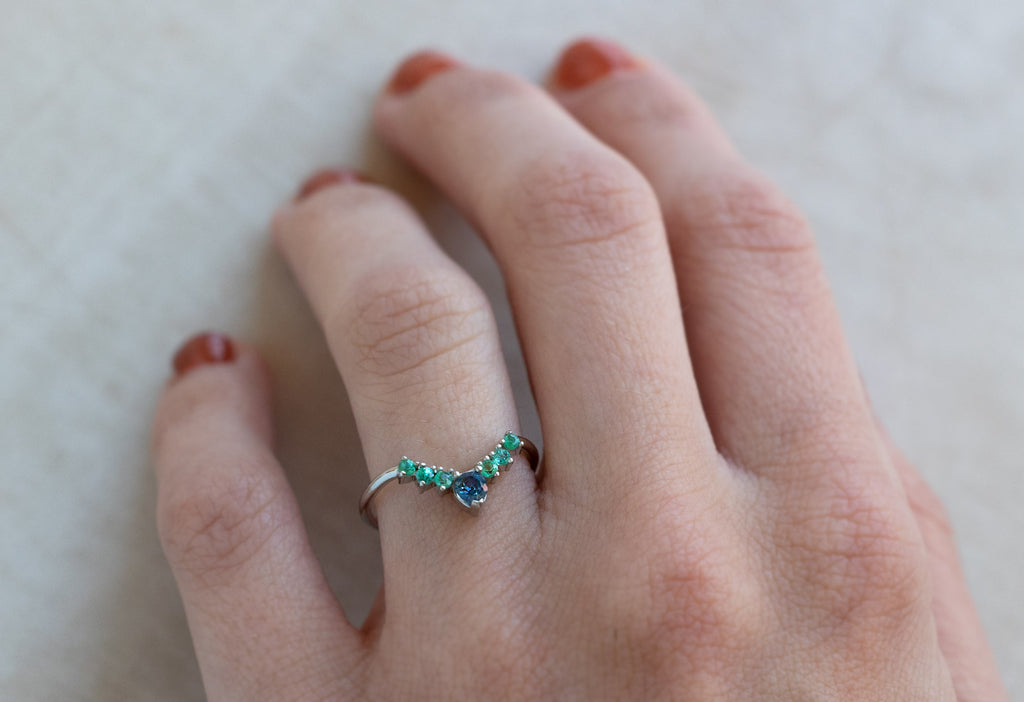 Montana Sapphire + Emerald Sunburst Stacking Ring on Model
