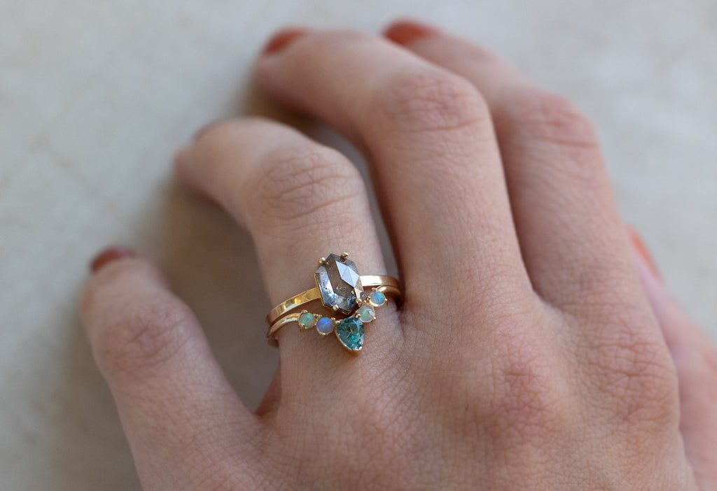 Montana Sapphire + Opal Sunburst Stacking Ring Stacked with Engagement Ring on Model