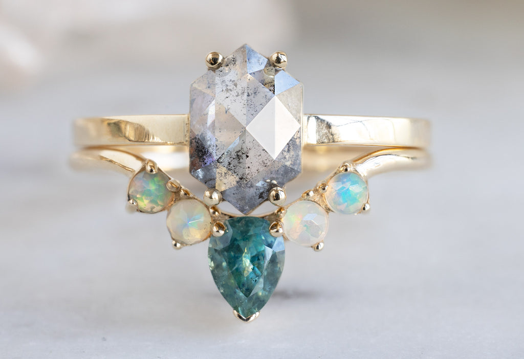 Montana Sapphire + Opal Sunburst Stacking Ring Stacked with Engagement Ring