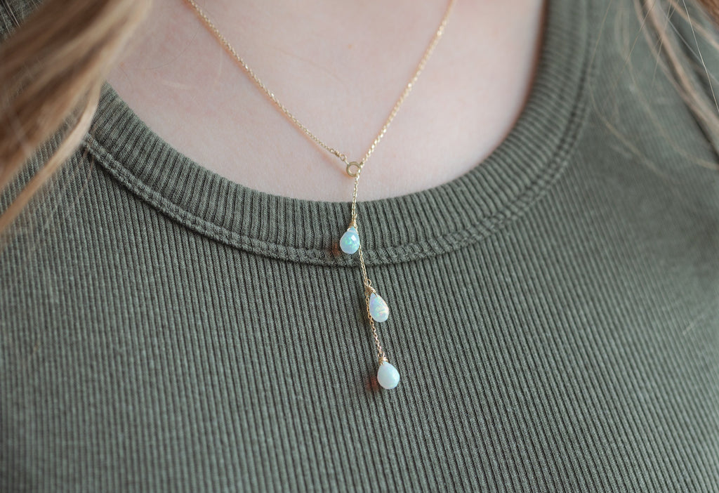 Natural Opal Cascade Lariat Necklace in Yellow Gold on Model