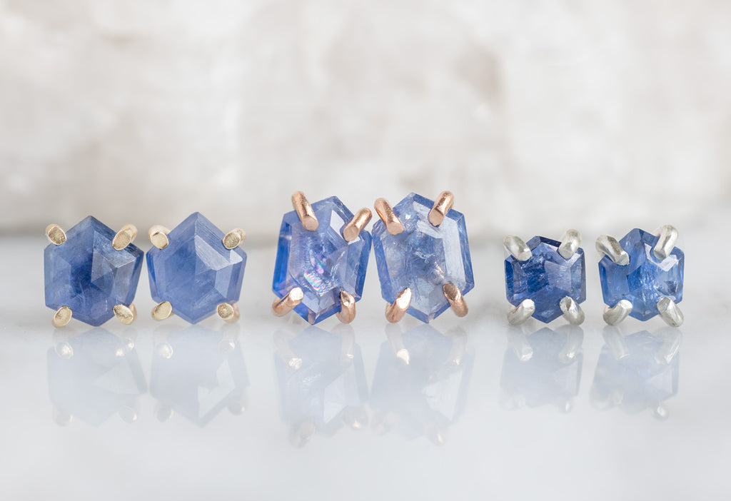 Natural Rose-Cut Blue Sapphire Hexagon Stud Earrings in all Metal Colors