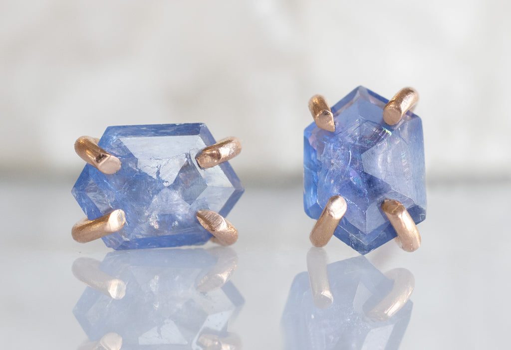 Natural Rose-Cut Blue Sapphire Hexagon Stud Earrings in Rose Gold