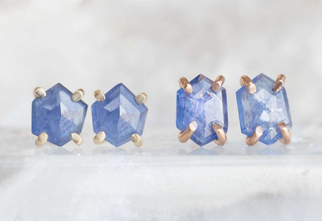 Natural Rose-Cut Blue Sapphire Hexagon Stud Earrings in Rose and Yellow Gold