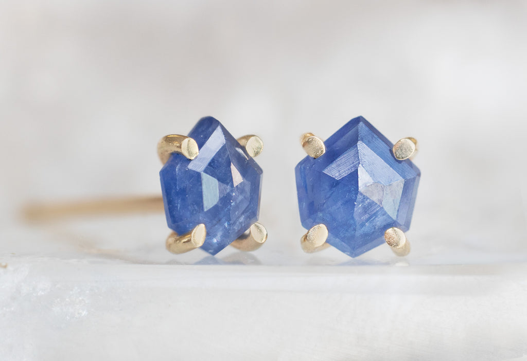 Natural Rose-Cut Blue Sapphire Hexagon Stud Earrings in Yellow Gold
