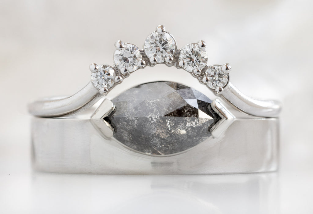 One Of A Kind Cigar Band with a Black Marquise Diamond with Round Diamond Sunburst Stacking Band