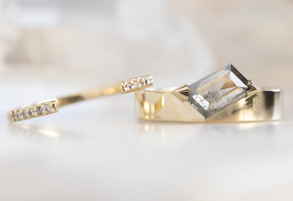 One Of A Kind Cigar Band with a Salt and Pepper Geometric Diamond with Open Cuff Pavé Diamond Stacking Band