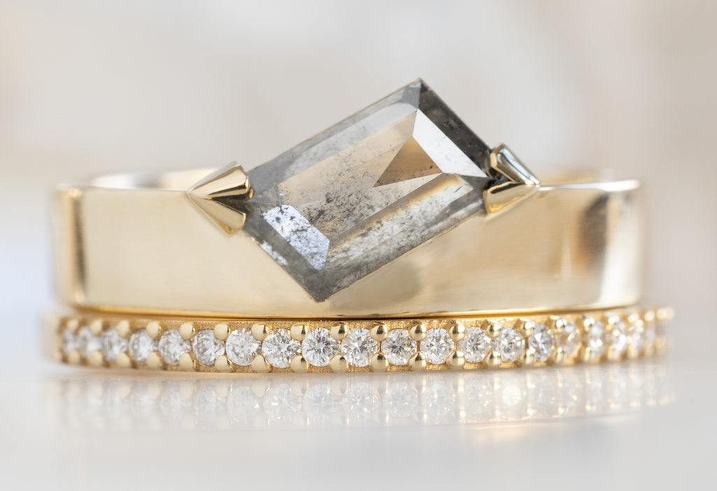 One Of A Kind Cigar Band with a Salt and Pepper Geometric Diamond with Pavé Diamond Stacking Band