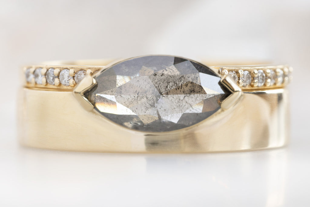 One Of A Kind Cigar Band with a Salt and Pepper Marquise Diamond with Pavé Wedding Band