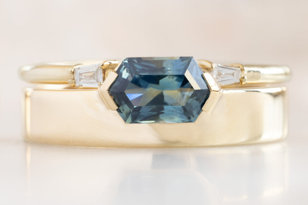 One Of A Kind Cigar Band with a Sapphire Hexagon with Open Cuff Wedding Band