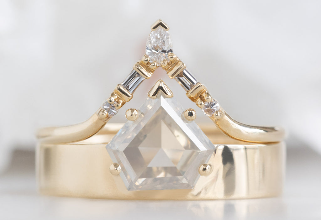 One Of A Kind Cigar Band with a Shield-Cut Opalescent Diamond with White Diamond Tiara Stacking Band