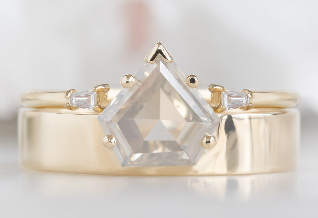 One Of A Kind Cigar Band with a Shield-Cut Opalescent Diamond with Open Cuff Baguette Stacking Band