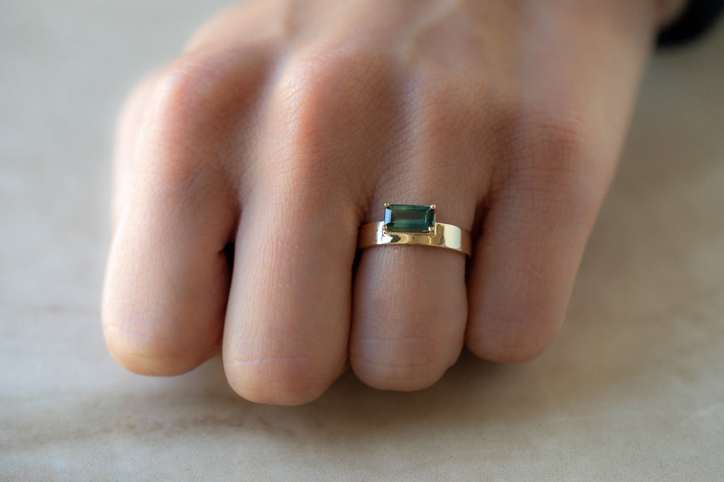 One Of A Kind Unisex Emerald-Cut Sapphire Ring on Model