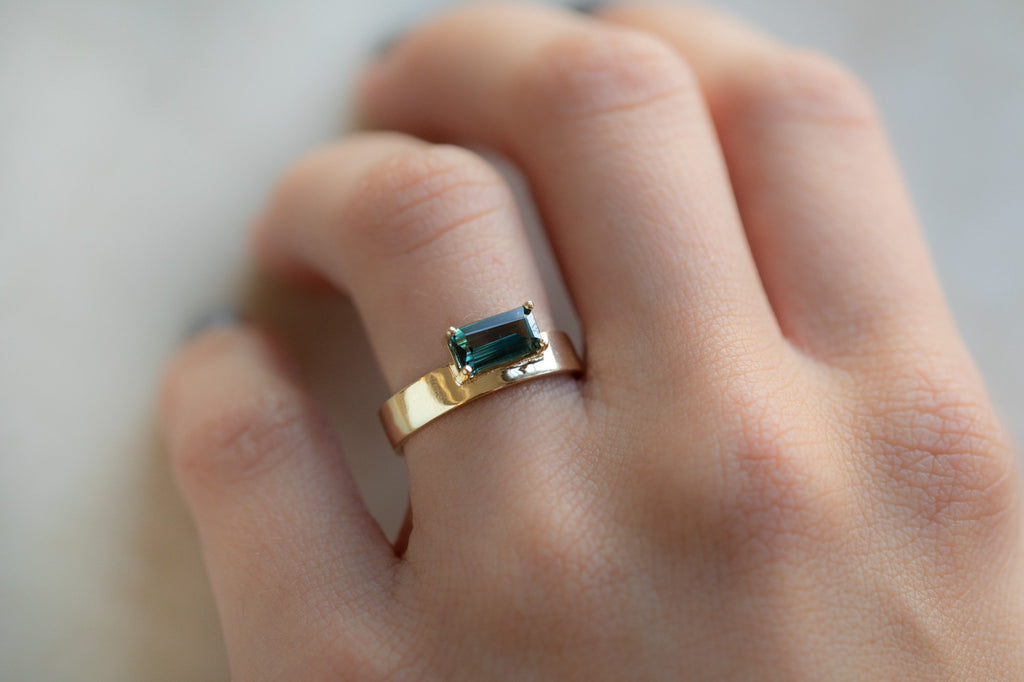 One Of A Kind Unisex Emerald-Cut Sapphire Ring on Model