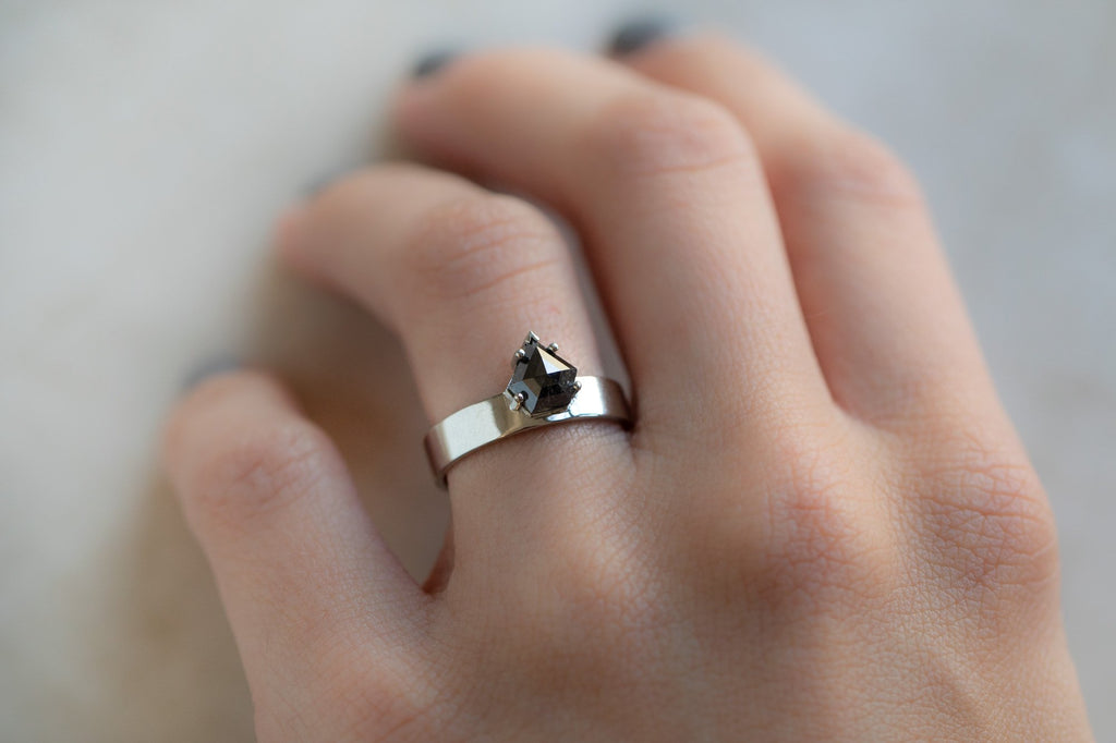 One Of A Kind Unisex Shield Cut Black Diamond Ring on Model