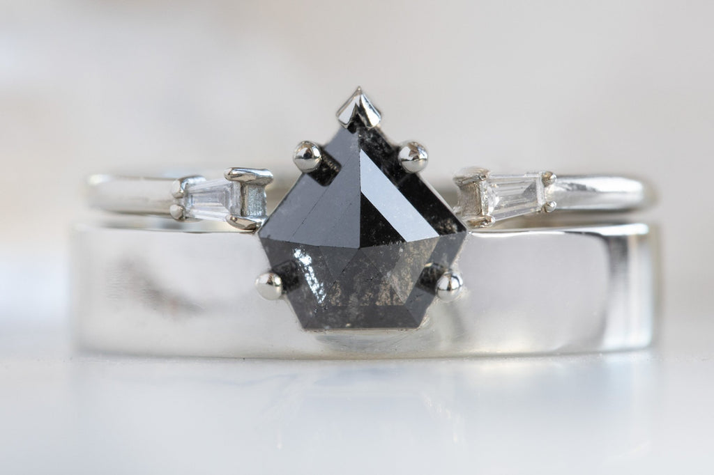 One Of A Kind Unisex Shield Cut Black Diamond Ring with Stacking Band