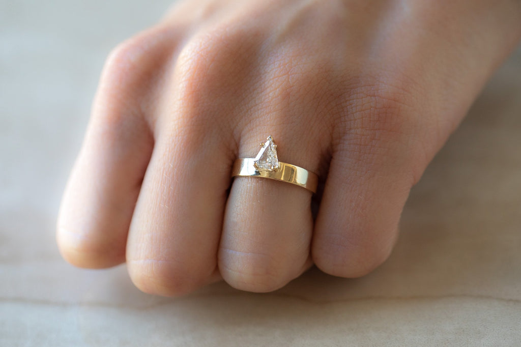 One Of A Kind Unisex Shield Cut White Diamond Ring on model