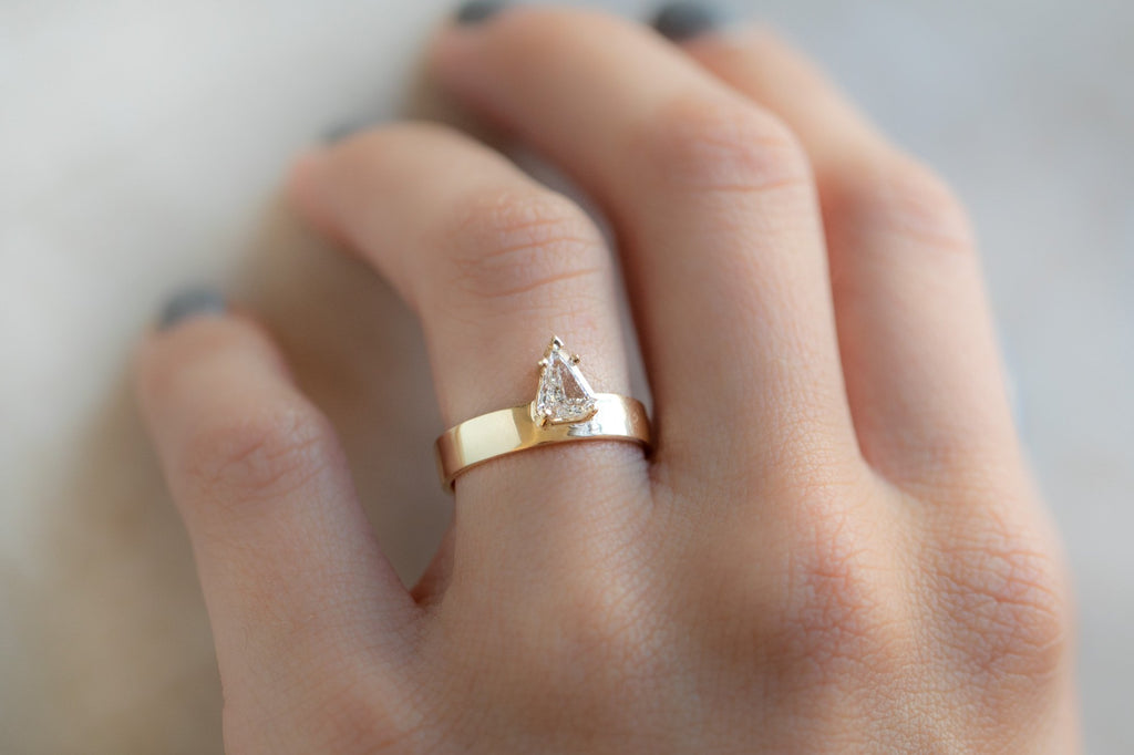 One Of A Kind Unisex Shield Cut White Diamond Ring on Model