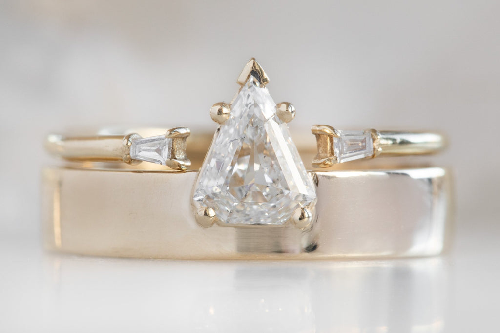 One Of A Kind Unisex Shield Cut White Diamond Ring with Stacking Band