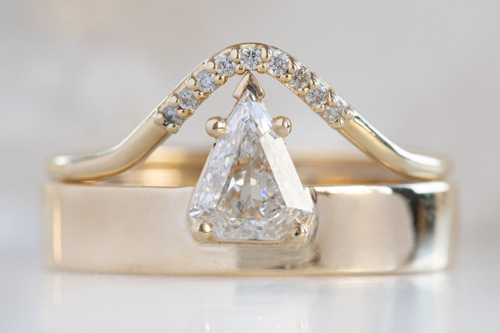 One Of A Kind Unisex Shield Cut White Diamond Ring with Stacking Band