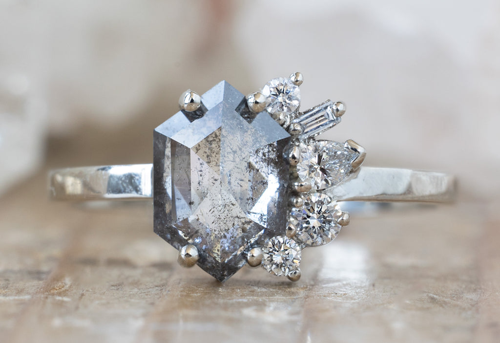 One-of-a-Kind Salt and Pepper Hexagon Diamond Cluster Ring