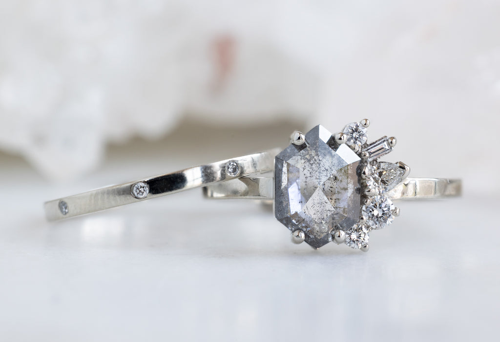 One-of-a-Kind Salt and Pepper Hexagon Diamond Cluster Ring With Stacking Band