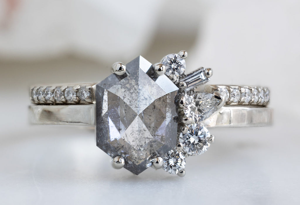 One-of-a-Kind Salt and Pepper Hexagon Diamond Cluster Ring With Stacking Band
