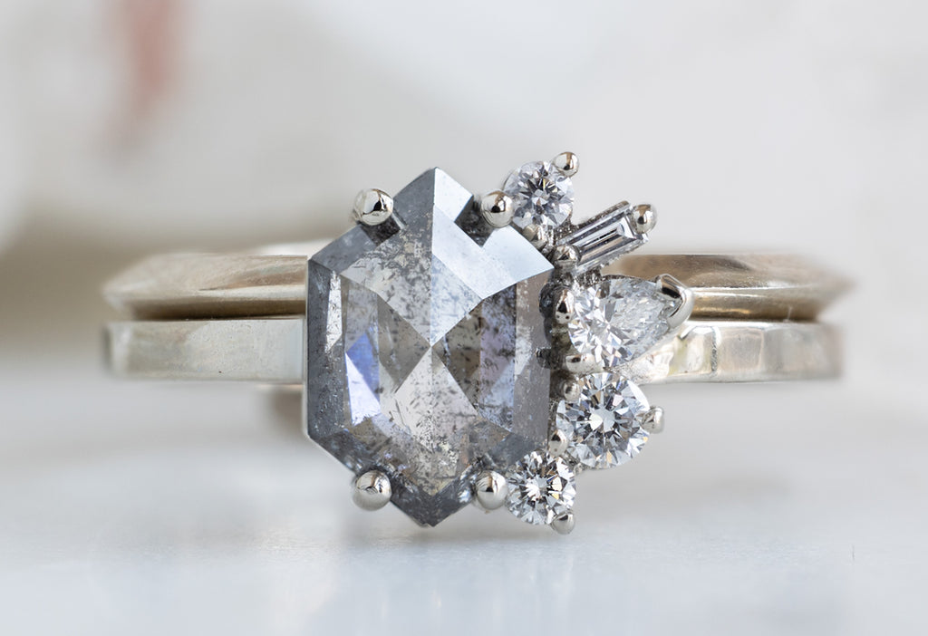One-of-a-Kind Salt and Pepper Hexagon Diamond Cluster Ring with Stacking Band