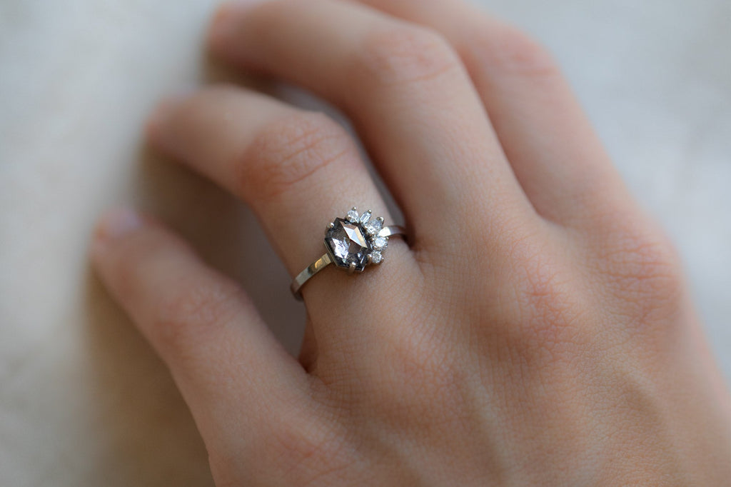 One-of-a-Kind Salt and Pepper Hexagon Diamond Cluster Ring on Model
