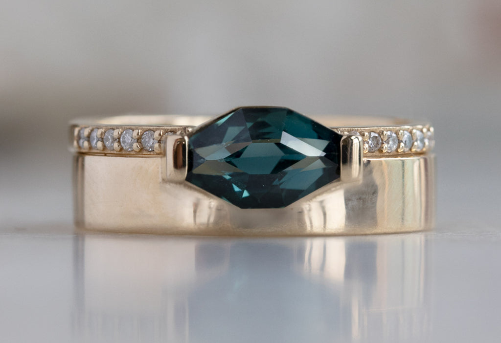 One of a Kind Cigar Band with an Artisan Cut Montana Sapphire with Open Cuff Diamond Pavé Band