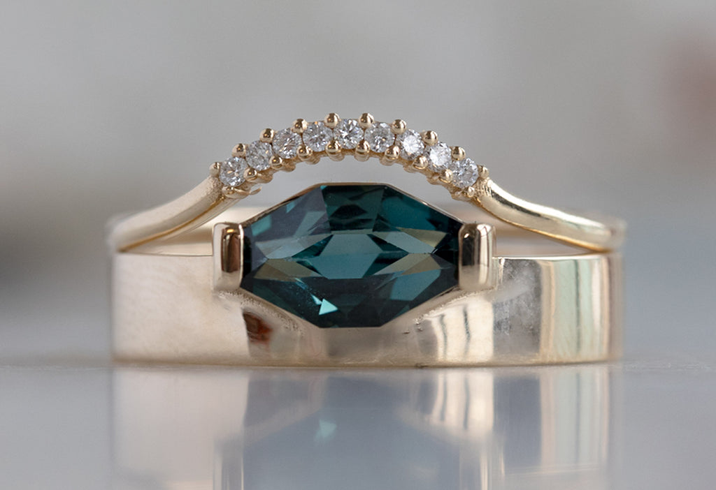 One of a Kind Cigar Band with an Artisan-Cut Montana Sapphire with Pavé Diamond Arc Stacking Band