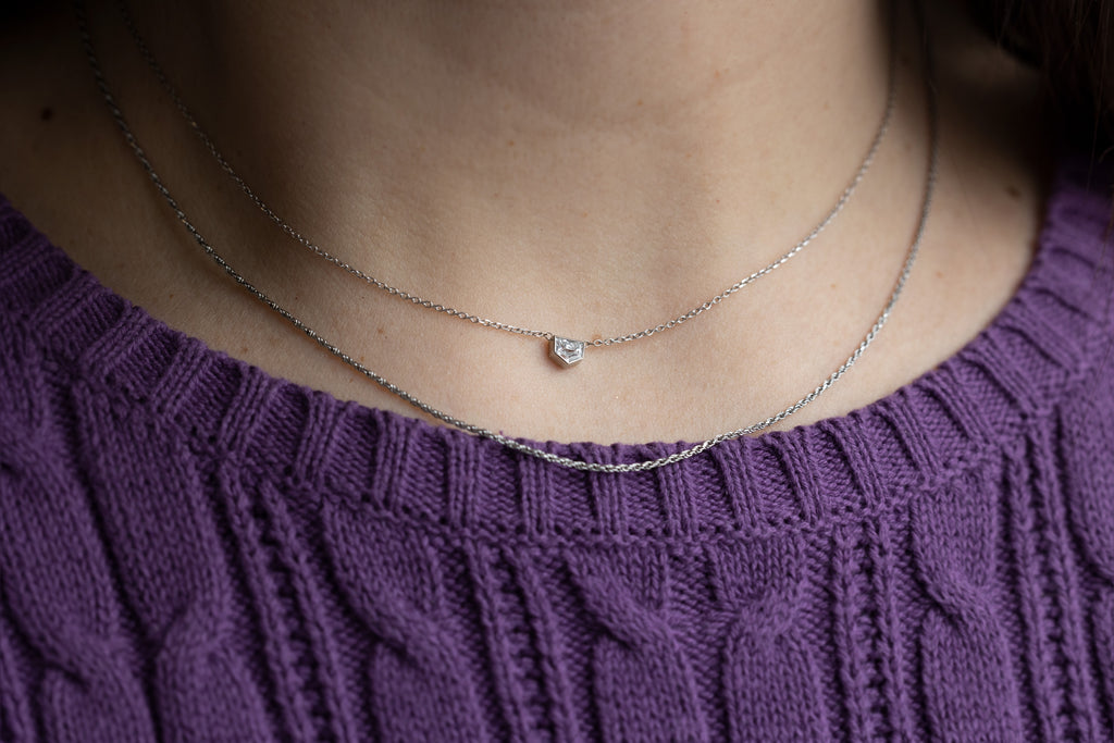 One of a Kind Custom Geometric White Diamond Necklace Layered on Model