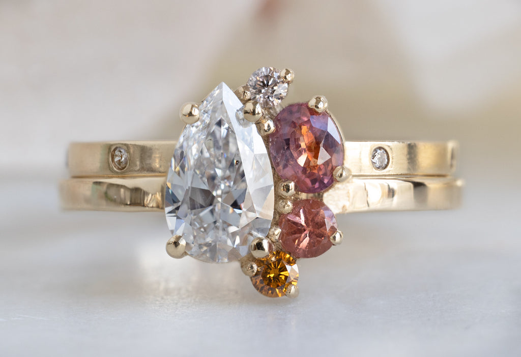 One of a Kind Diamond + Sapphire Cluster Ring with STacking Band