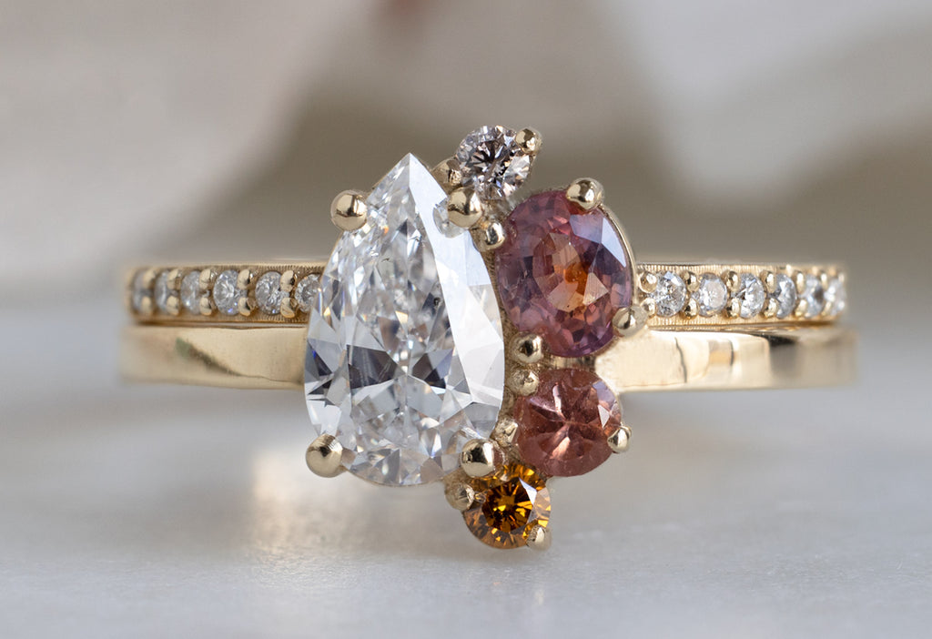 One of a Kind Diamond + Sapphire Cluster Ring with Stacking Band
