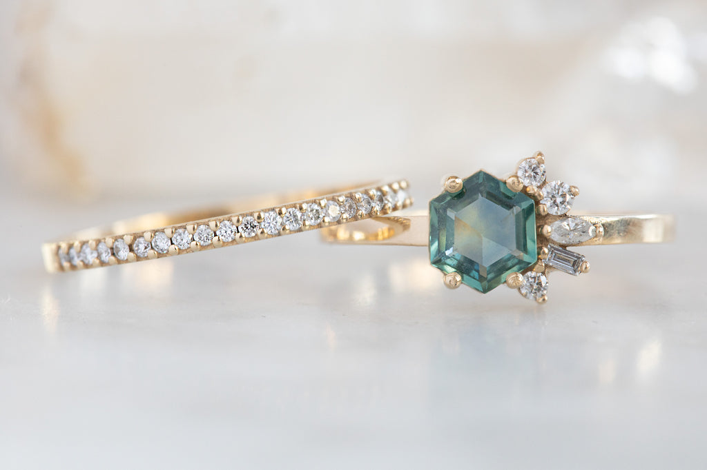 One of a Kind Montana Sapphire & Diamond Cluster Ring with Stacking Band