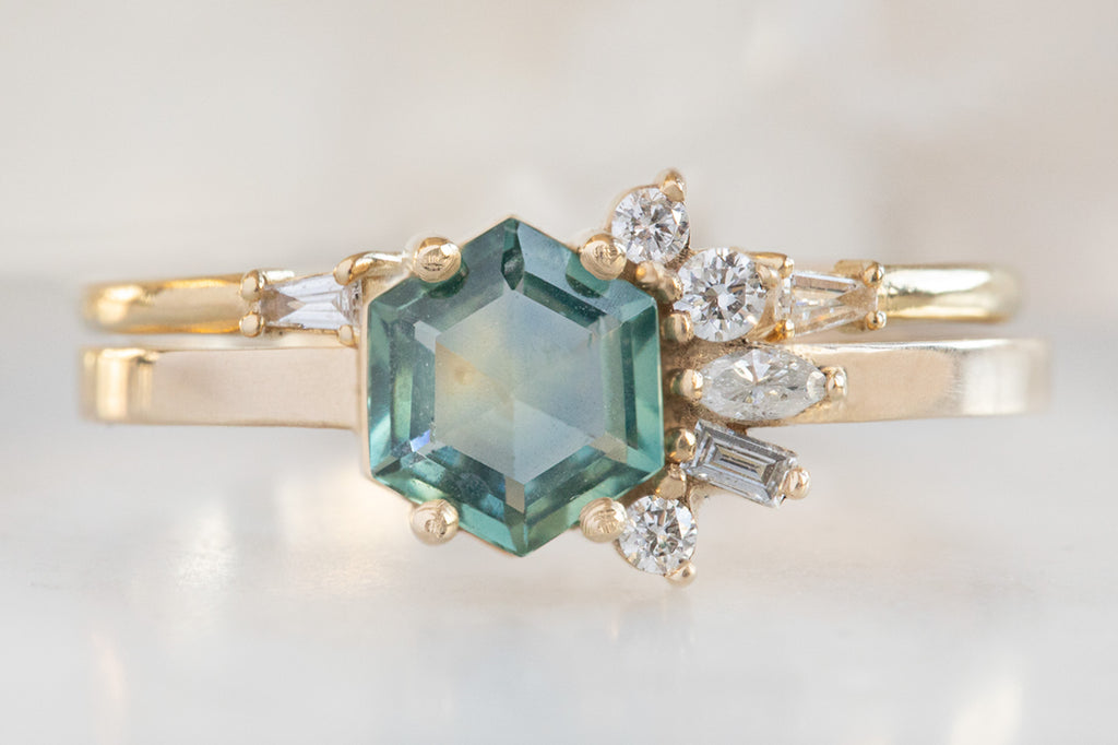 One of a Kind Montana Sapphire & Diamond Cluster Ring with Stacking Band