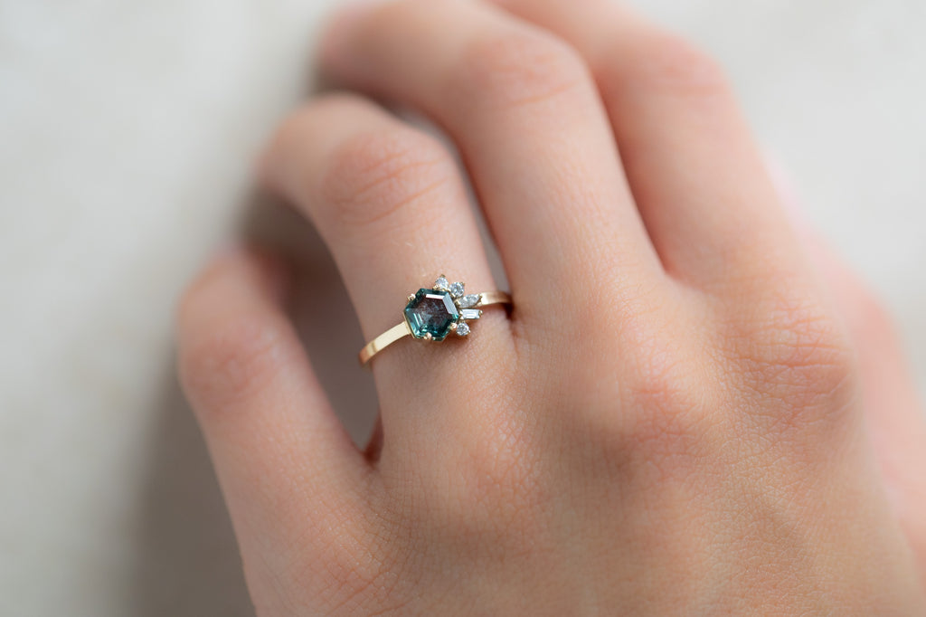 One of a Kind Montana Sapphire & Diamond Cluster Ring on Model